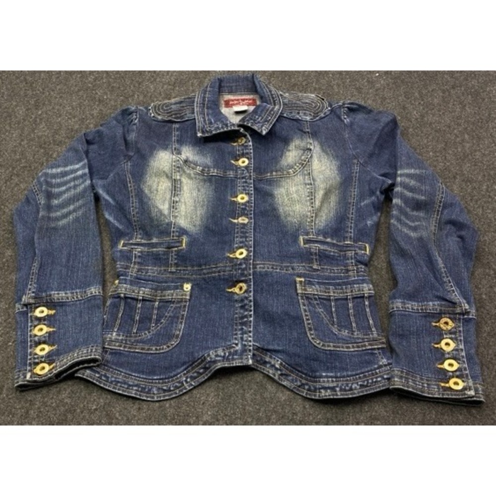 Baby Phat Denim Jacket Womens M Dark Wash Y2K Faded Gold Button Scalloped Hem